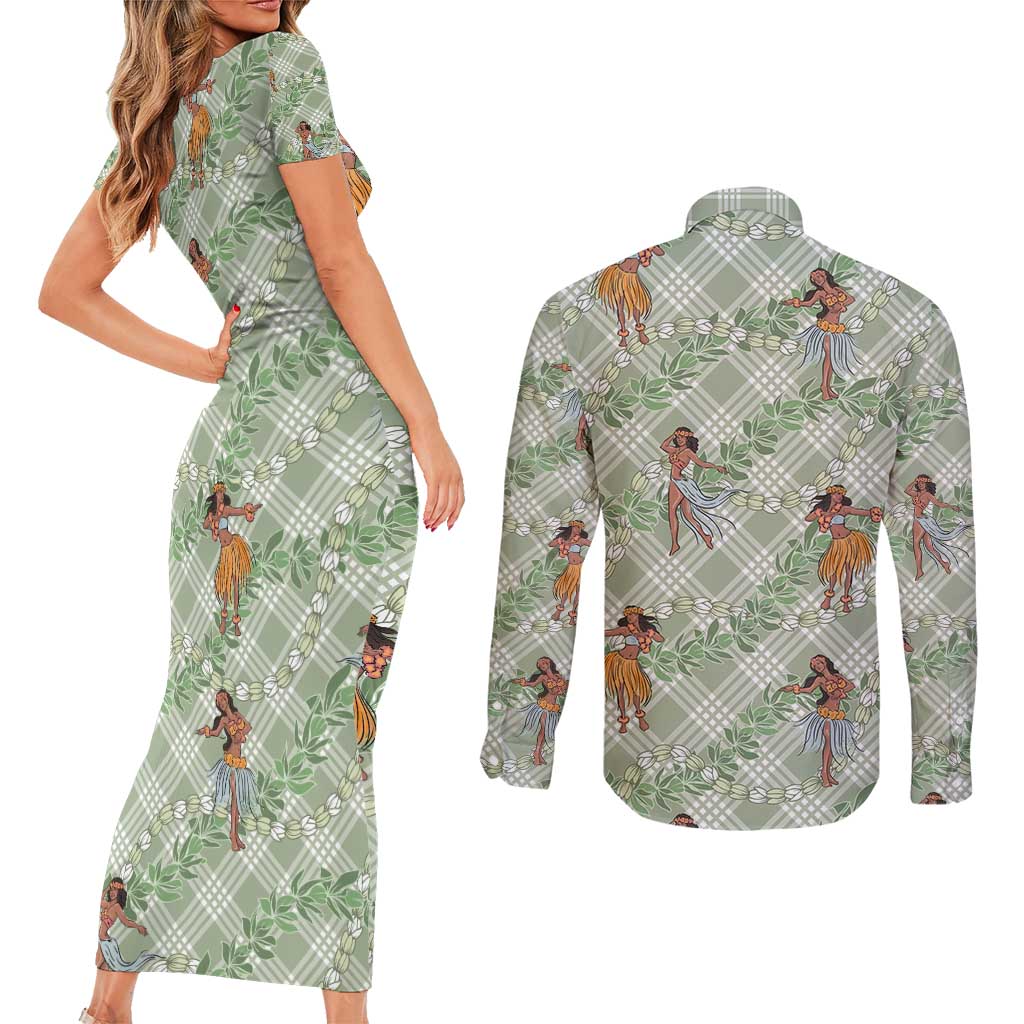 Mint Palaka Hula Girls Seamless Hawaii Aloha Couples Matching Short Sleeve Bodycon Dress and Long Sleeve Button Shirt - Polynesian Pride