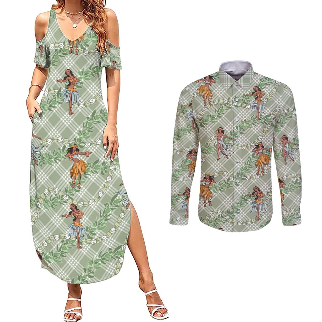 Mint Palaka Hula Girls Seamless Hawaii Aloha Couples Matching Summer Maxi Dress and Long Sleeve Button Shirt - Polynesian Pride