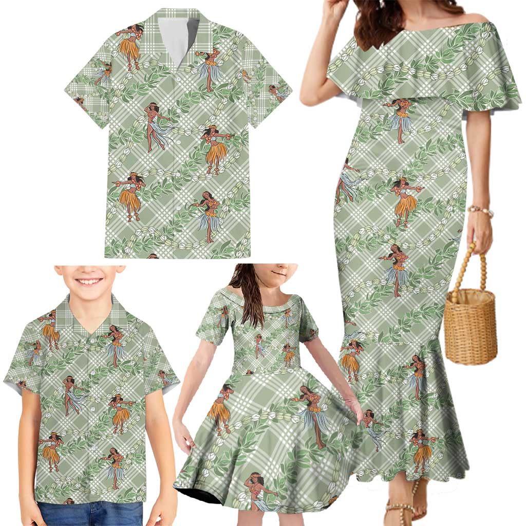 Mint Palaka Hula Girls Seamless Hawaii Aloha Family Matching Mermaid Dress and Hawaiian Shirt - Polynesian Pride