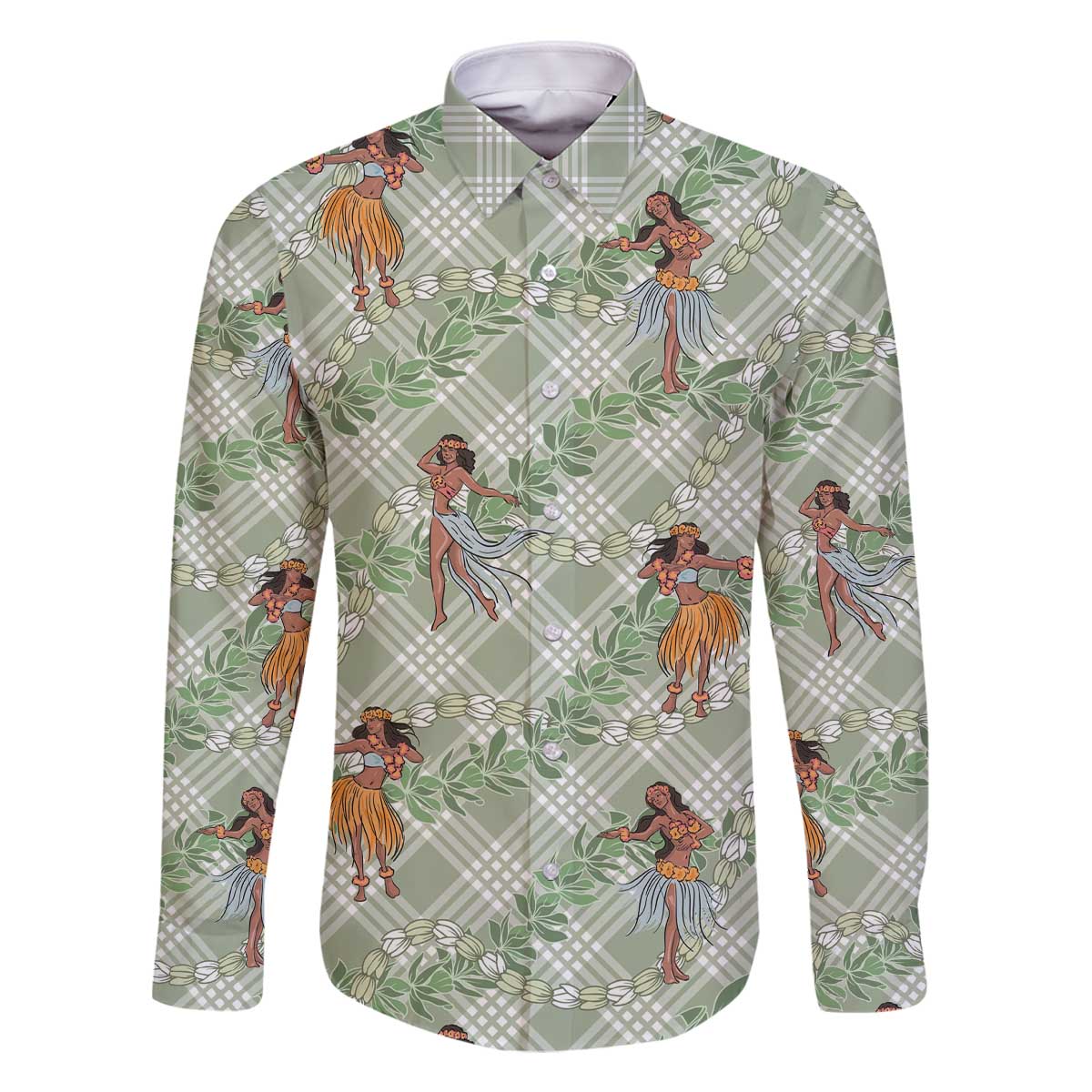 Mint Palaka Hula Girls Seamless Hawaii Aloha Family Matching Off The Shoulder Long Sleeve Dress and Hawaiian Shirt - Polynesian Pride
