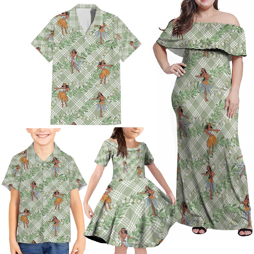 Mint Palaka Hula Girls Seamless Hawaii Aloha Family Matching Off Shoulder Maxi Dress and Hawaiian Shirt - Polynesian Pride
