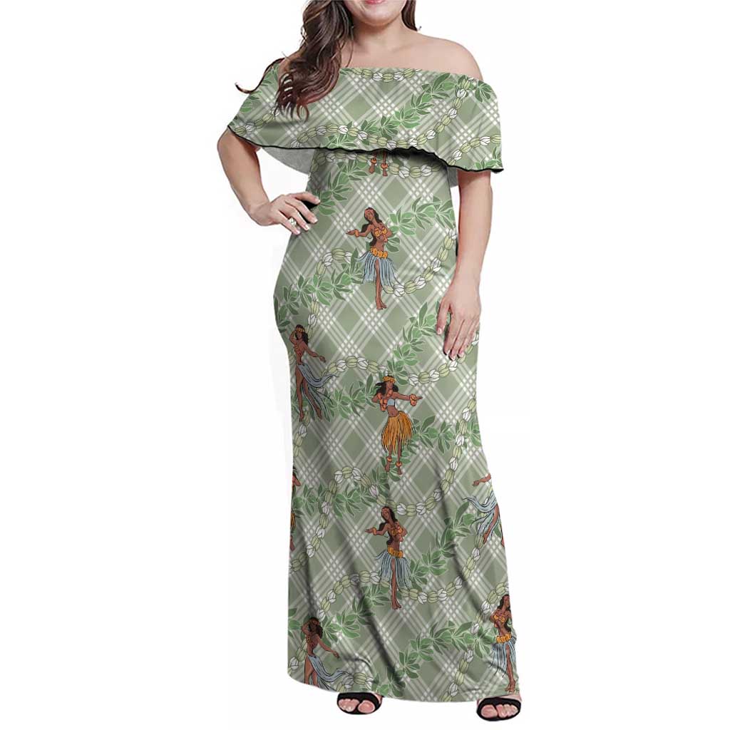 Mint Palaka Hula Girls Seamless Hawaii Aloha Family Matching Off Shoulder Maxi Dress and Hawaiian Shirt - Polynesian Pride
