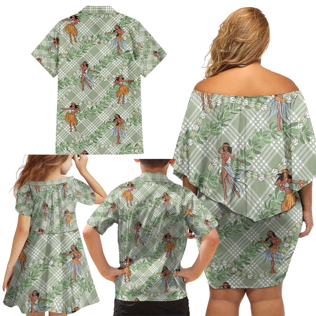 Mint Palaka Hula Girls Seamless Hawaii Aloha Family Matching Off Shoulder Short Dress and Hawaiian Shirt - Polynesian Pride