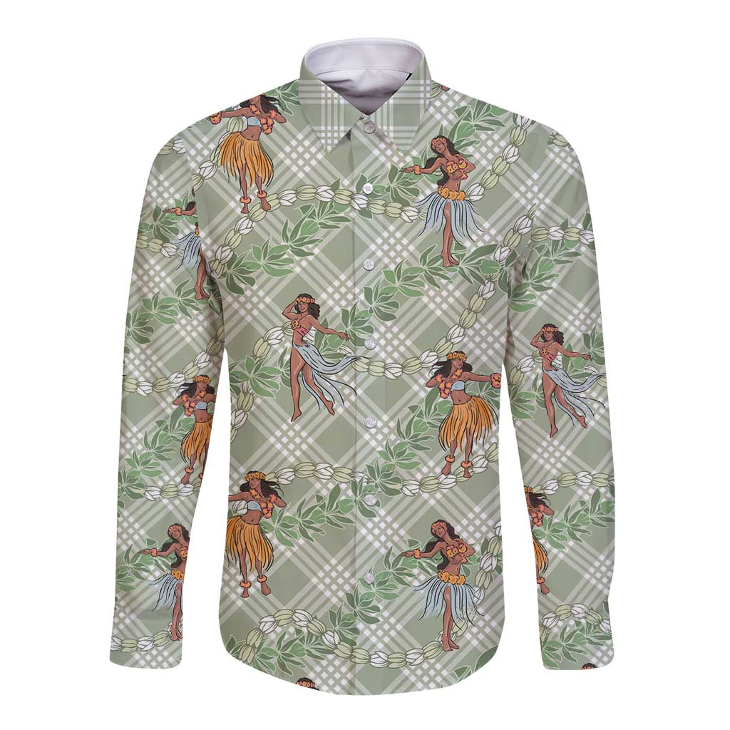 Mint Palaka Hula Girls Seamless Hawaii Aloha Long Sleeve Button Shirt - Polynesian Pride