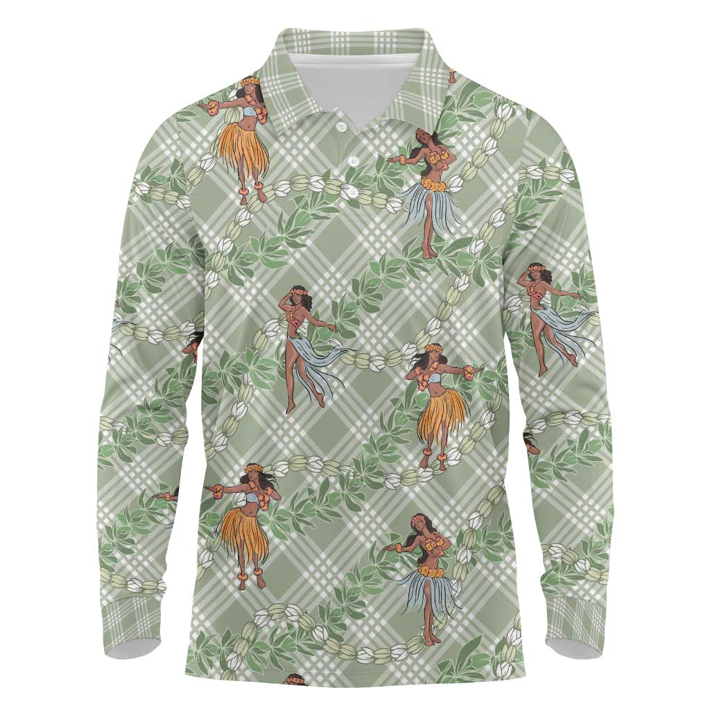 Mint Palaka Hula Girls Seamless Hawaii Aloha Long Sleeve Polo Shirt - Polynesian Pride