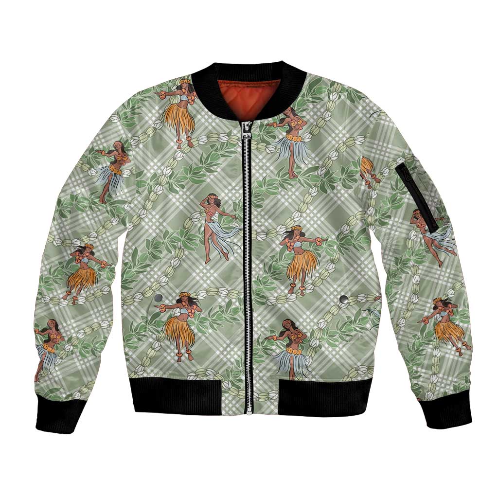 Mint Palaka Hula Girls Seamless Hawaii Aloha Sleeve Zip Bomber Jacket - Polynesian Pride