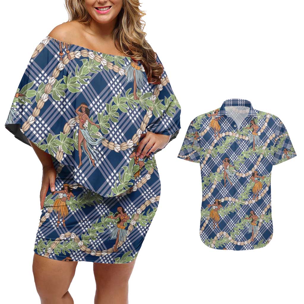 Navy Blue Palaka Hula Girls Seamless Hawaii Aloha Couples Matching Off Shoulder Short Dress and Hawaiian Shirt - Polynesian Pride