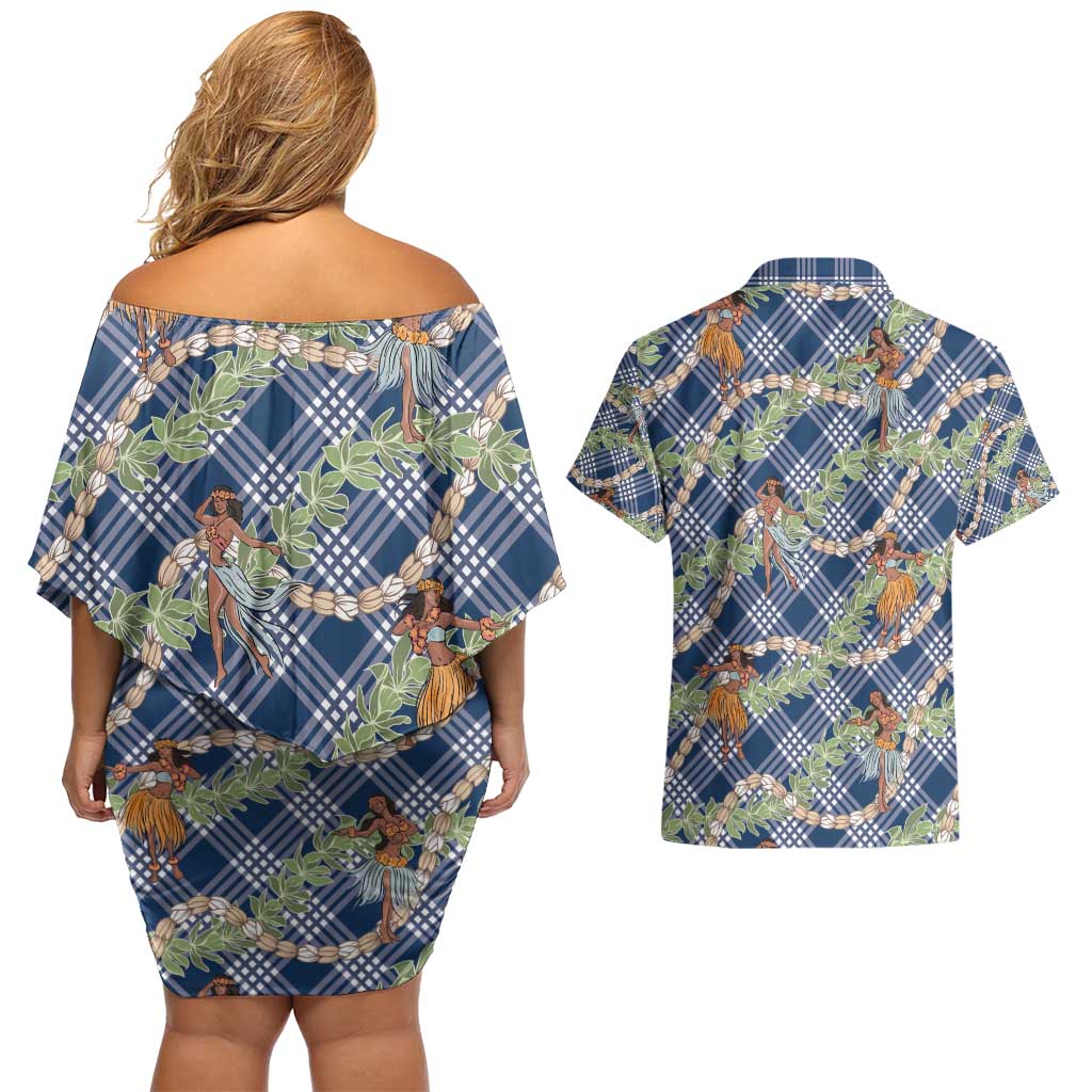 Navy Blue Palaka Hula Girls Seamless Hawaii Aloha Couples Matching Off Shoulder Short Dress and Hawaiian Shirt - Polynesian Pride