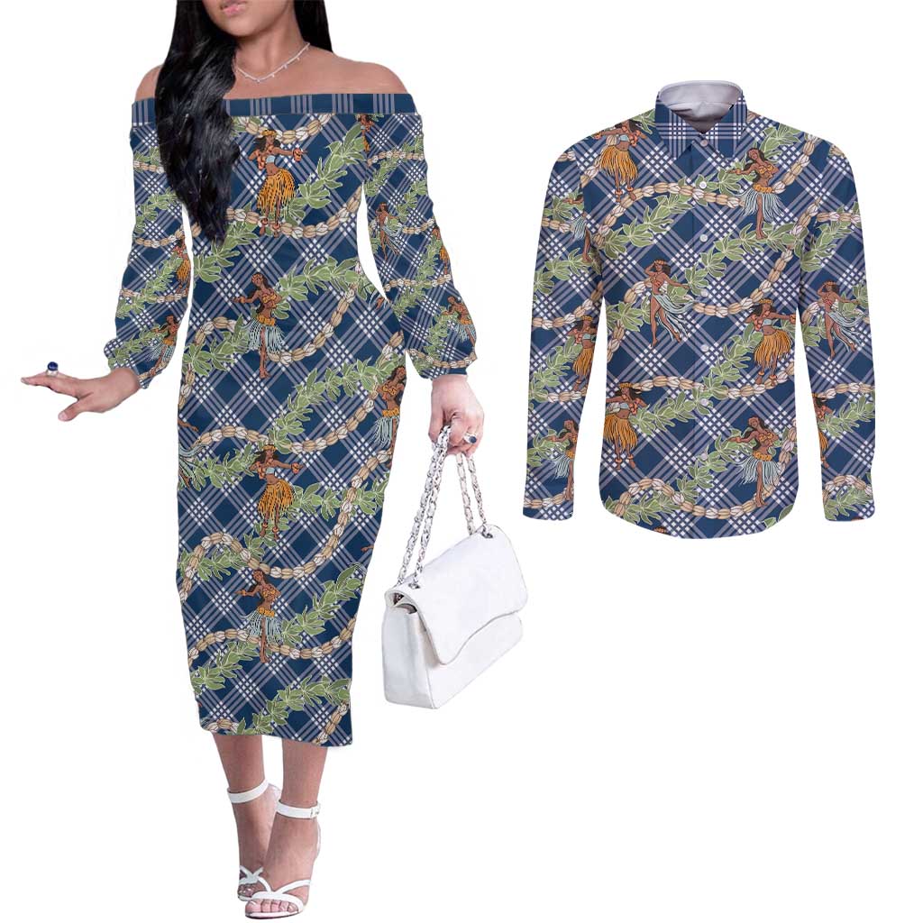 Navy Blue Palaka Hula Girls Seamless Hawaii Aloha Couples Matching Off The Shoulder Long Sleeve Dress and Long Sleeve Button Shirt - Polynesian Pride