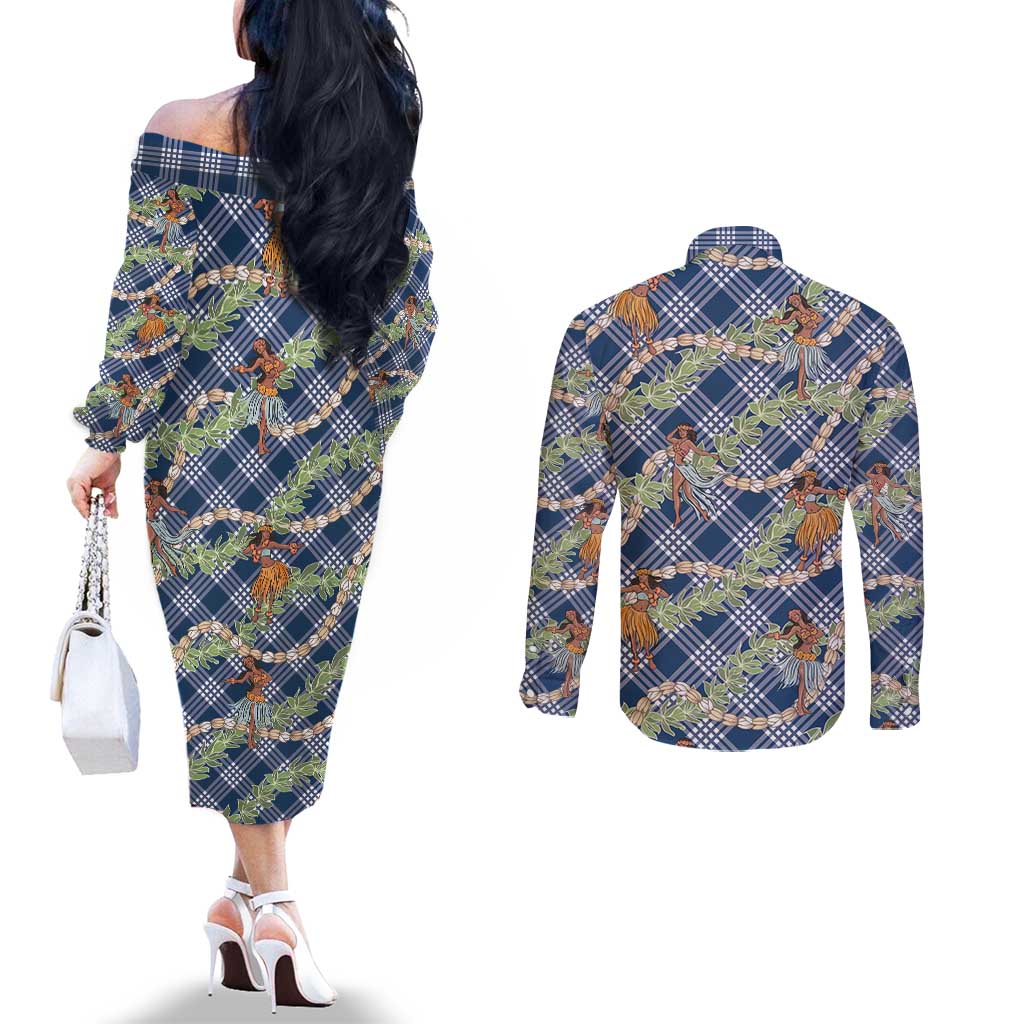 Navy Blue Palaka Hula Girls Seamless Hawaii Aloha Couples Matching Off The Shoulder Long Sleeve Dress and Long Sleeve Button Shirt - Polynesian Pride