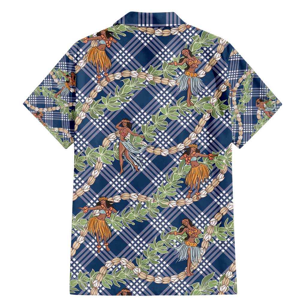 Navy Blue Palaka Hula Girls Seamless Hawaii Aloha Family Matching Long Sleeve Bodycon Dress and Hawaiian Shirt - Polynesian Pride