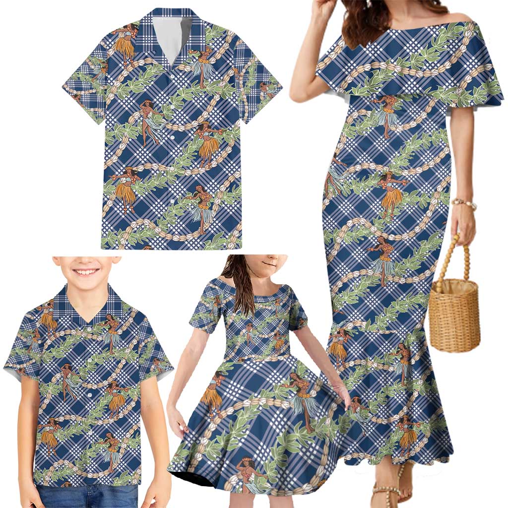 Navy Blue Palaka Hula Girls Seamless Hawaii Aloha Family Matching Mermaid Dress and Hawaiian Shirt - Polynesian Pride