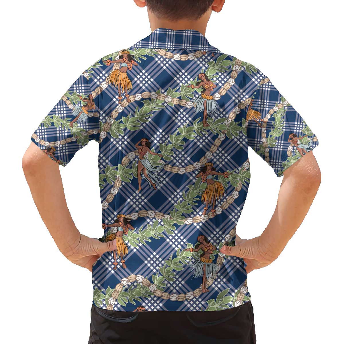 Navy Blue Palaka Hula Girls Seamless Hawaii Aloha Family Matching Off The Shoulder Long Sleeve Dress and Hawaiian Shirt - Polynesian Pride