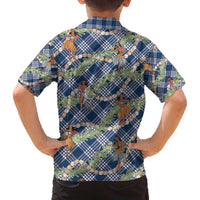 Navy Blue Palaka Hula Girls Seamless Hawaii Aloha Family Matching Off The Shoulder Long Sleeve Dress and Hawaiian Shirt - Polynesian Pride