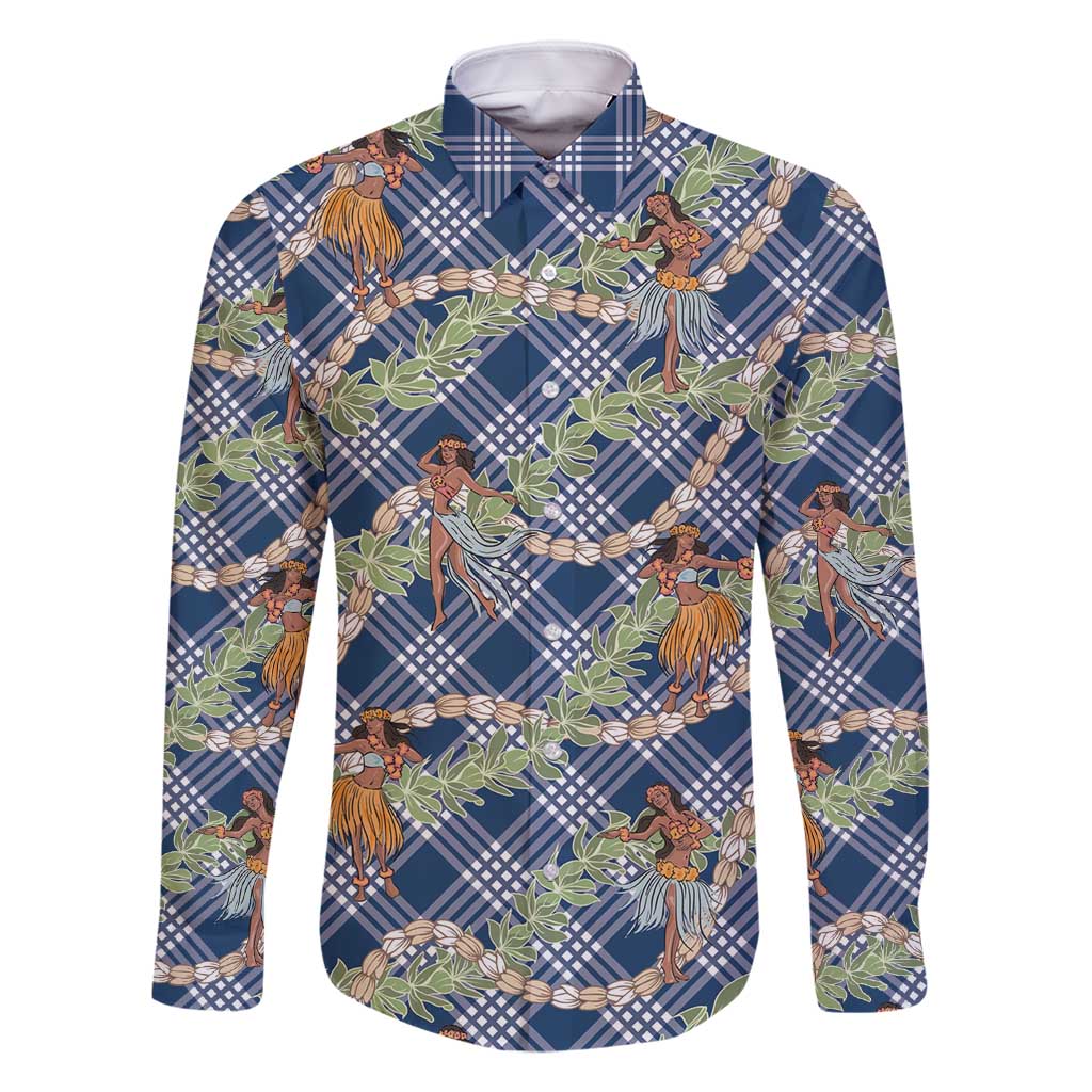 Navy Blue Palaka Hula Girls Seamless Hawaii Aloha Family Matching Off Shoulder Short Dress and Hawaiian Shirt - Polynesian Pride