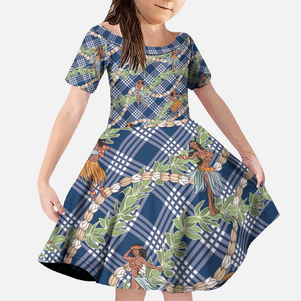 Navy Blue Palaka Hula Girls Seamless Hawaii Aloha Family Matching Short Sleeve Bodycon Dress and Hawaiian Shirt - Polynesian Pride