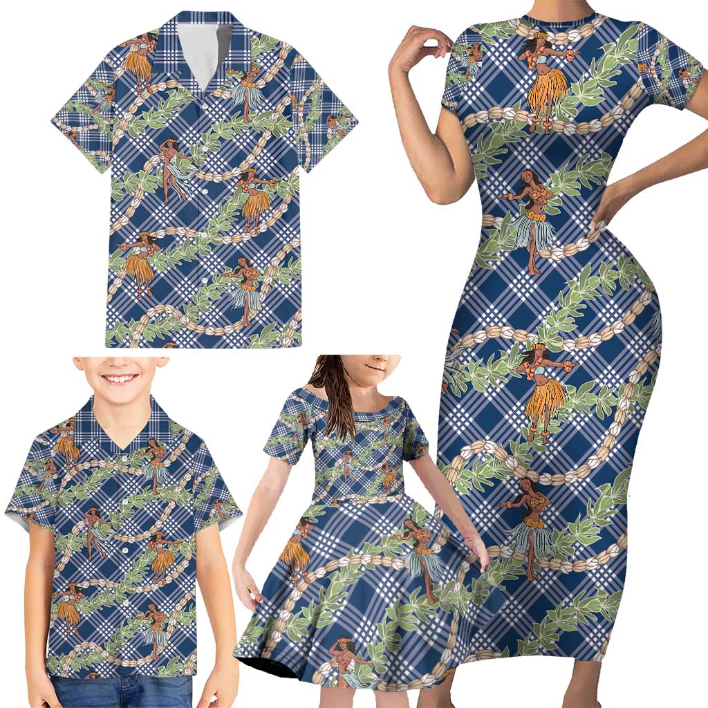 Navy Blue Palaka Hula Girls Seamless Hawaii Aloha Family Matching Short Sleeve Bodycon Dress and Hawaiian Shirt - Polynesian Pride