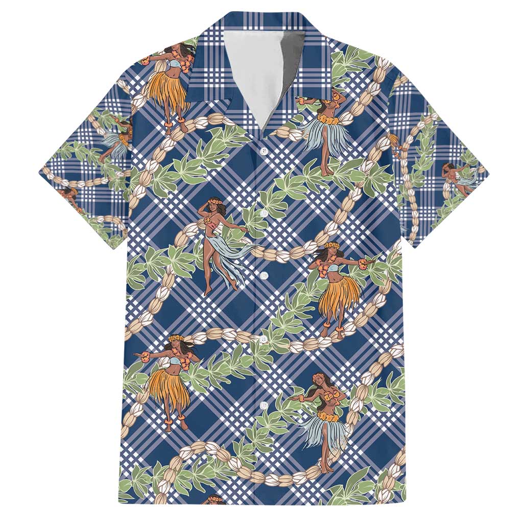 Navy Blue Palaka Hula Girls Seamless Hawaii Aloha Family Matching Short Sleeve Bodycon Dress and Hawaiian Shirt - Polynesian Pride