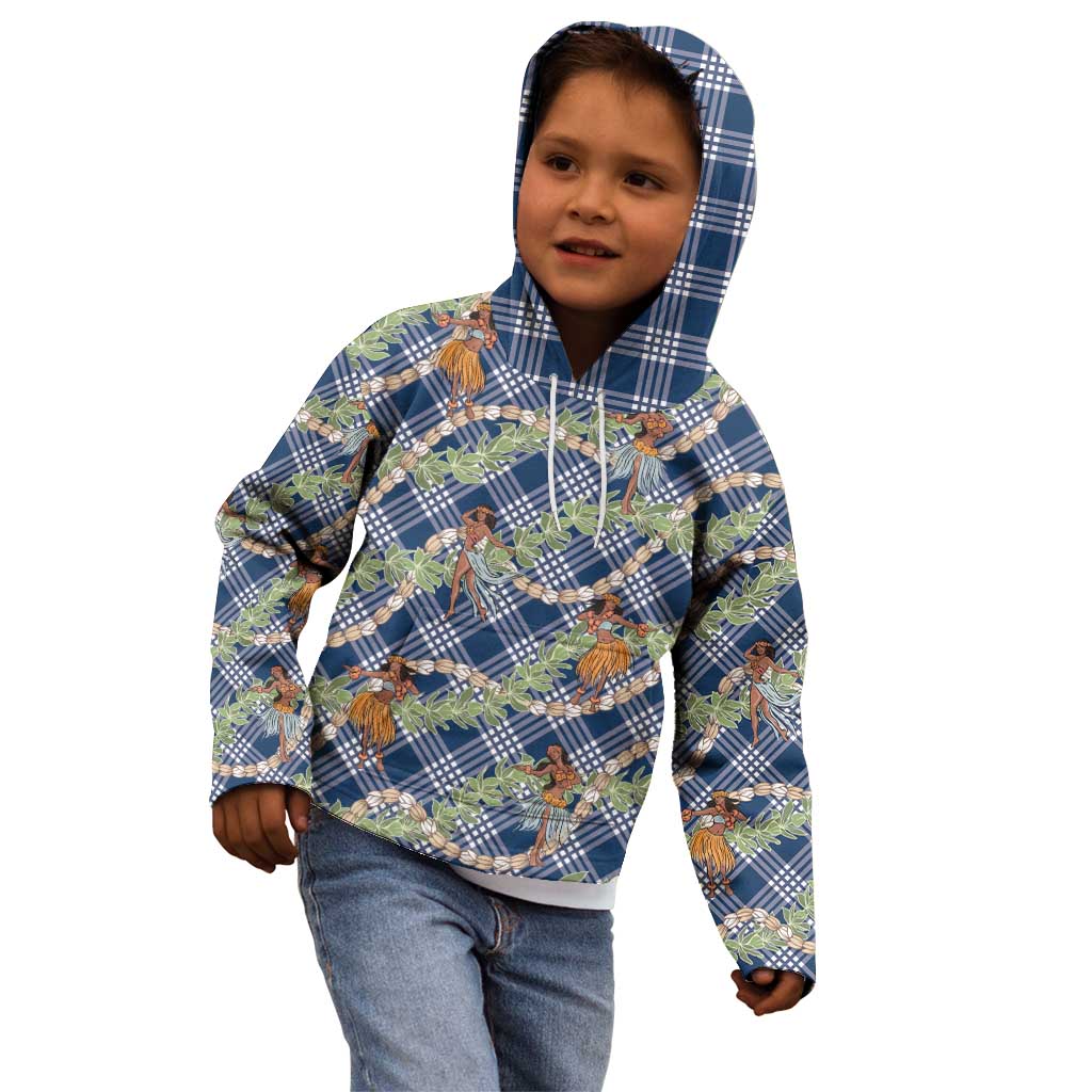 Navy Blue Palaka Hula Girls Seamless Hawaii Aloha Kid Hoodie - Polynesian Pride