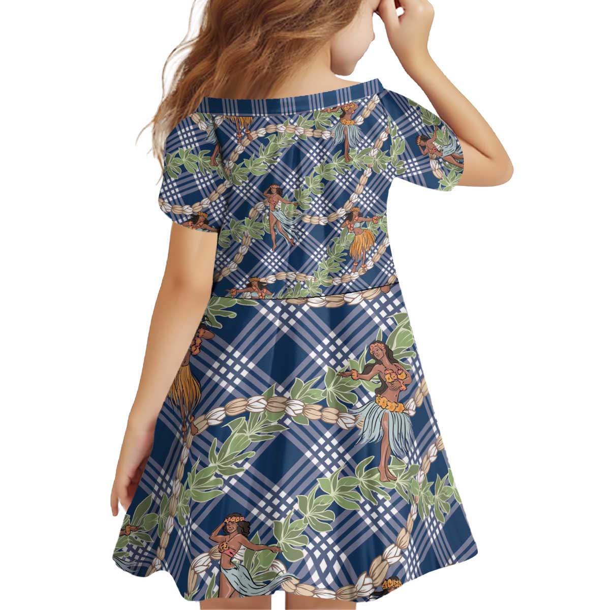 Navy Blue Palaka Hula Girls Seamless Hawaii Aloha Kid Short Sleeve Dress - Polynesian Pride