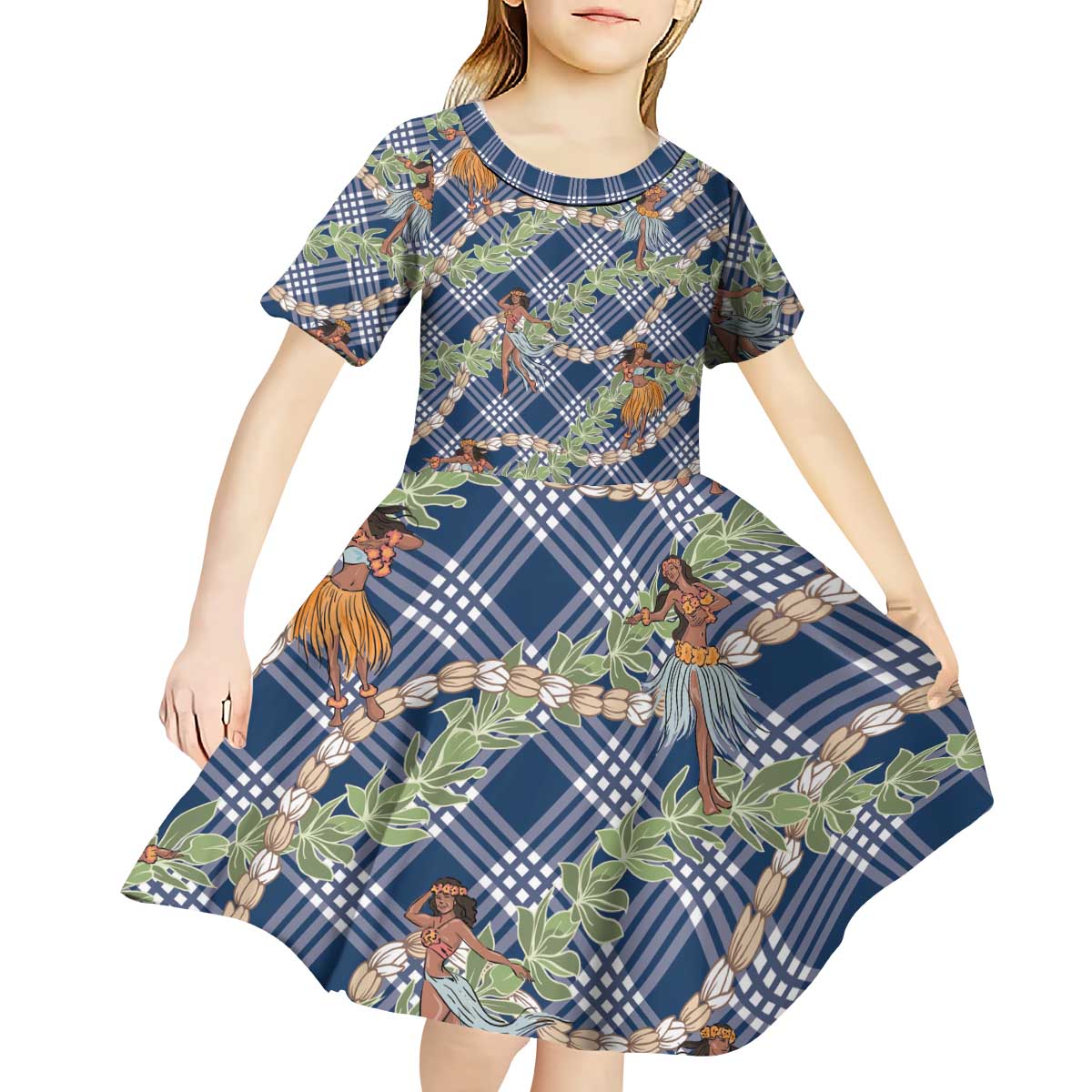 Navy Blue Palaka Hula Girls Seamless Hawaii Aloha Kid Short Sleeve Dress - Polynesian Pride