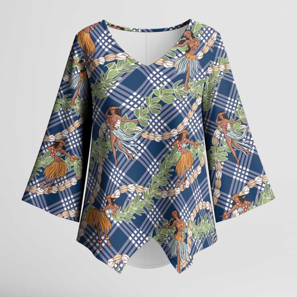 Navy Blue Palaka Hula Girls Seamless Hawaii Aloha Kimono Sleeve Blouse - Polynesian Pride
