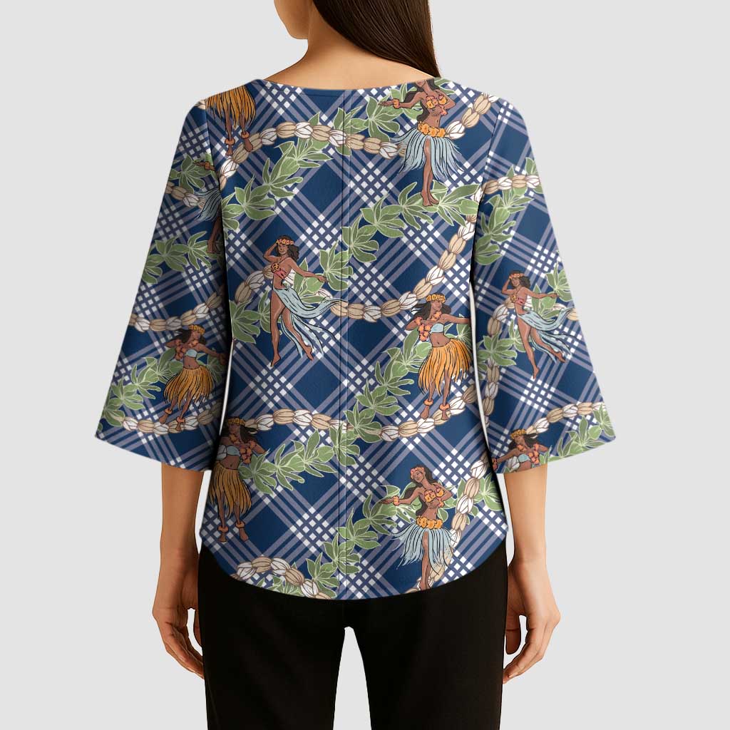 Navy Blue Palaka Hula Girls Seamless Hawaii Aloha Kimono Sleeve Blouse - Polynesian Pride