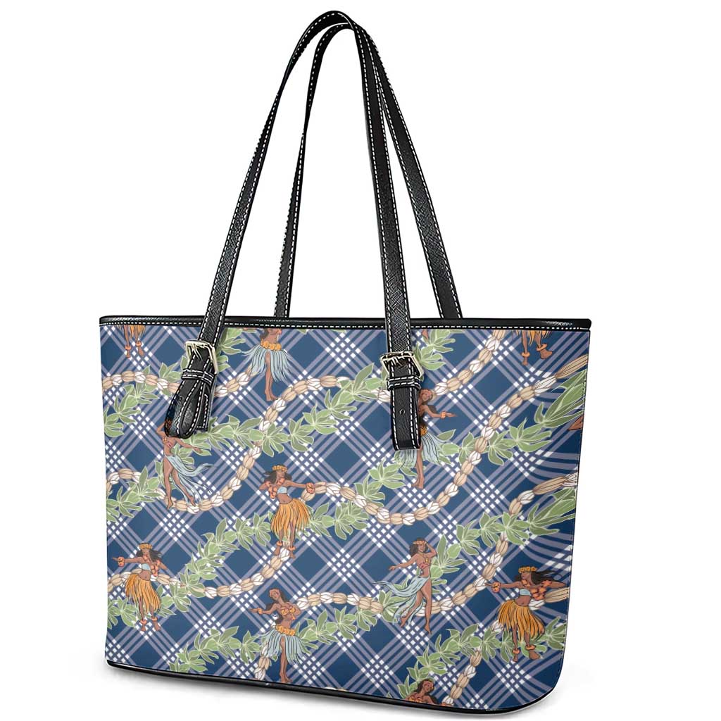 Navy Blue Palaka Hula Girls Seamless Hawaii Aloha Leather Tote Bag - Polynesian Pride