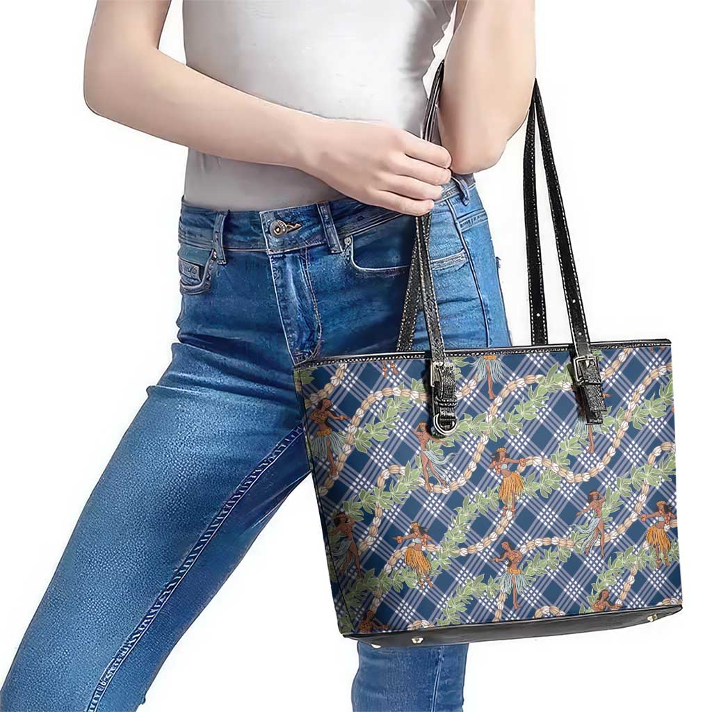 Navy Blue Palaka Hula Girls Seamless Hawaii Aloha Leather Tote Bag - Polynesian Pride