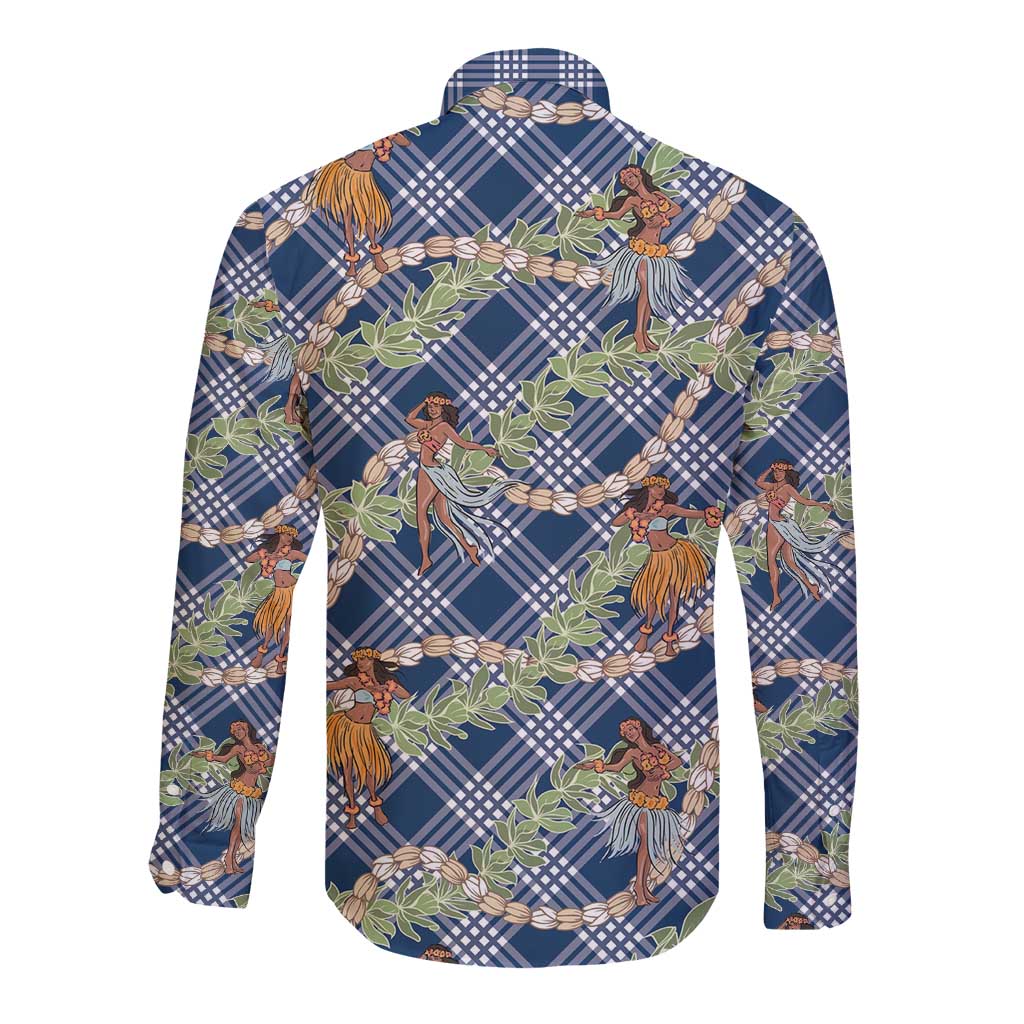 Navy Blue Palaka Hula Girls Seamless Hawaii Aloha Long Sleeve Button Shirt - Polynesian Pride
