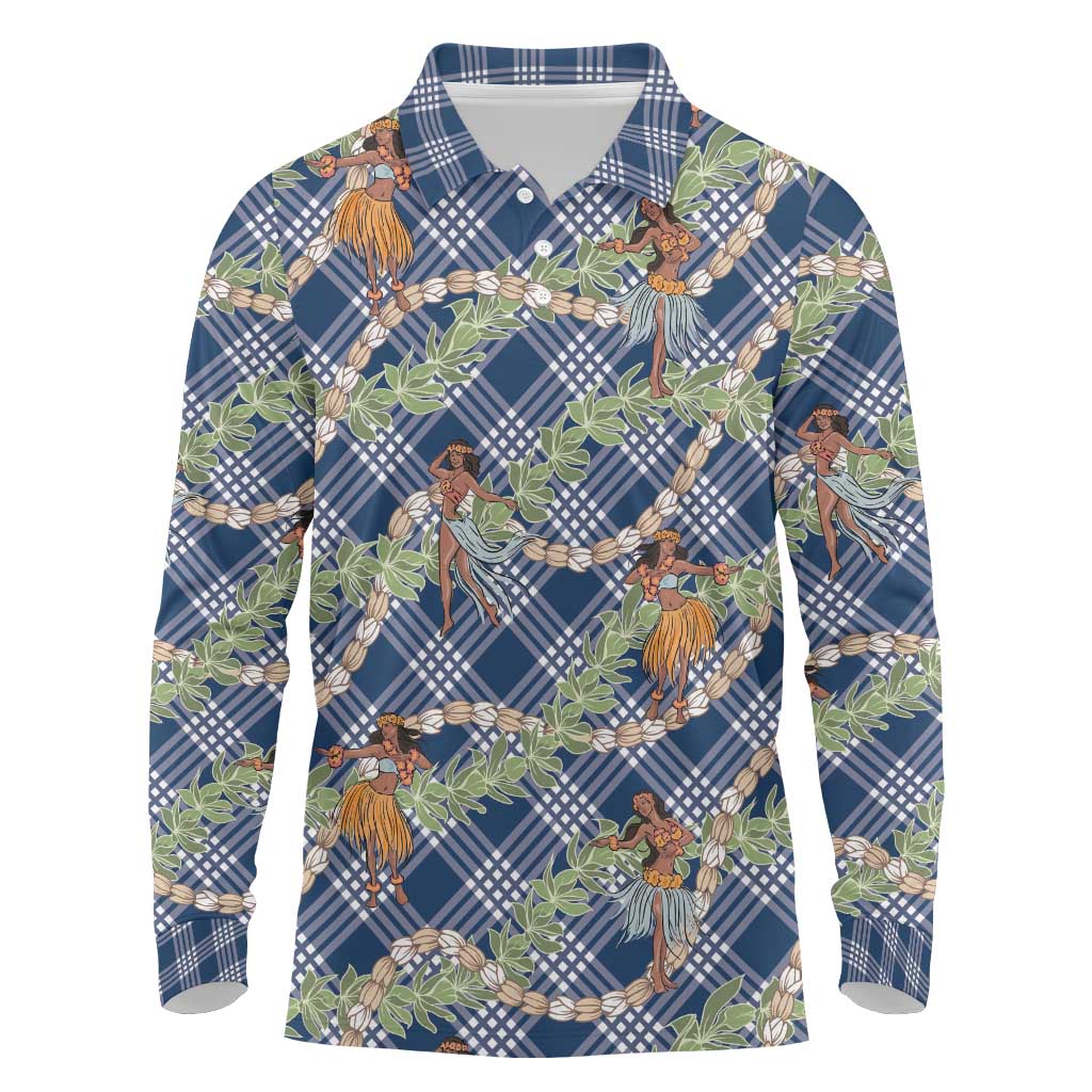 Navy Blue Palaka Hula Girls Seamless Hawaii Aloha Long Sleeve Polo Shirt - Polynesian Pride