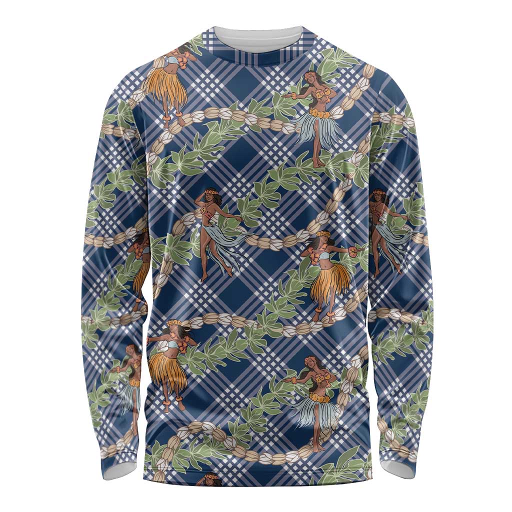 Navy Blue Palaka Hula Girls Seamless Hawaii Aloha Long Sleeve Shirt - Polynesian Pride