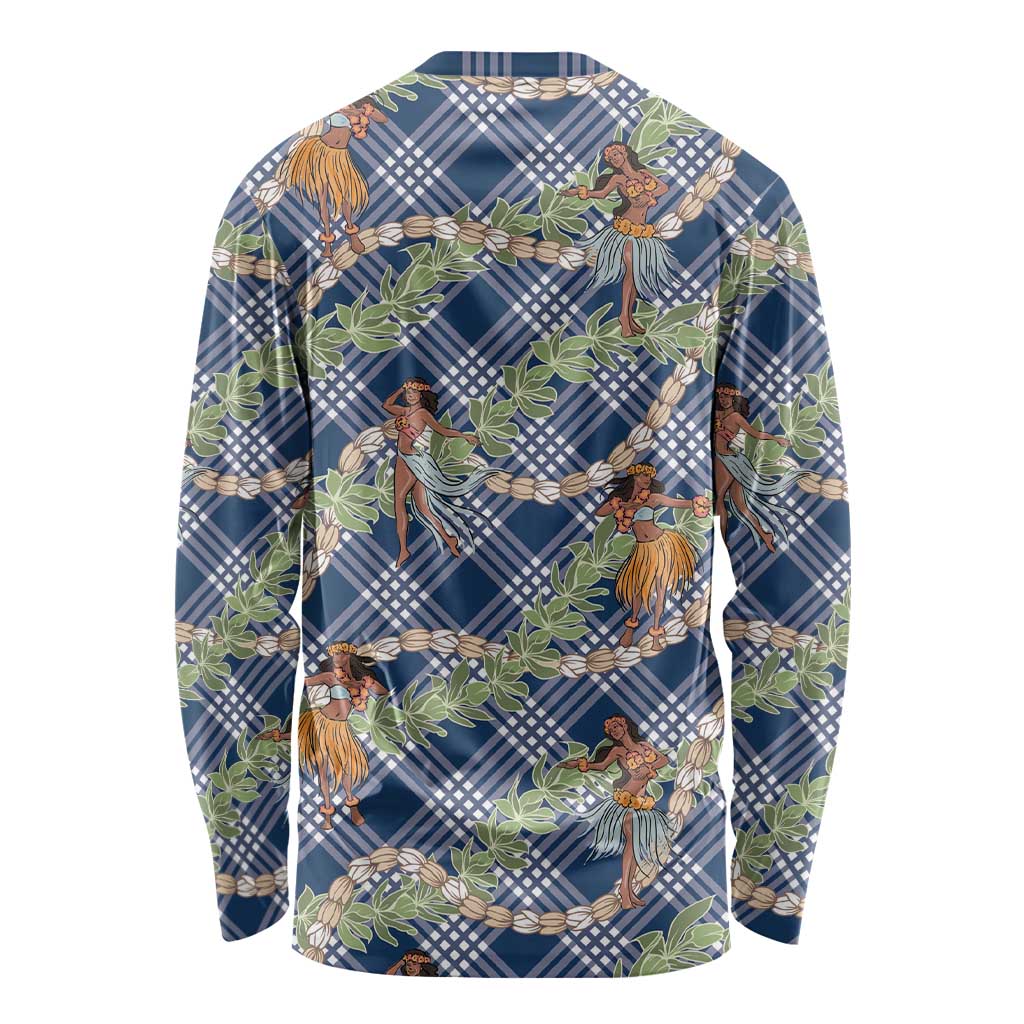 Navy Blue Palaka Hula Girls Seamless Hawaii Aloha Long Sleeve Shirt - Polynesian Pride