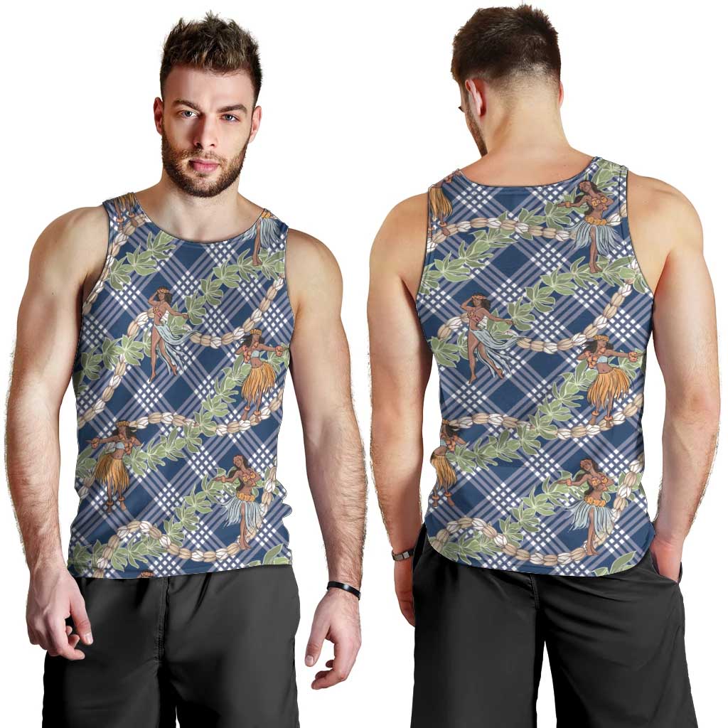 Navy Blue Palaka Hula Girls Seamless Hawaii Aloha Men Tank Top - Polynesian Pride