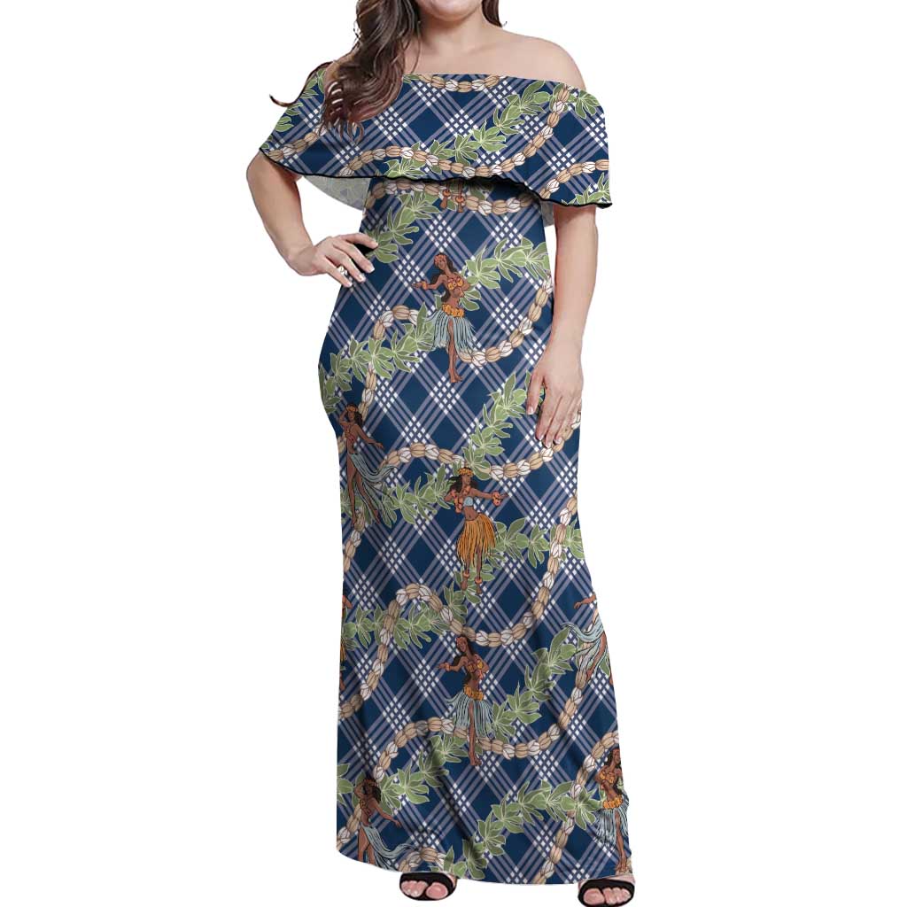 Navy Blue Palaka Hula Girls Seamless Hawaii Aloha Off Shoulder Maxi Dress - Polynesian Pride