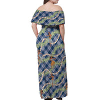 Navy Blue Palaka Hula Girls Seamless Hawaii Aloha Off Shoulder Maxi Dress - Polynesian Pride