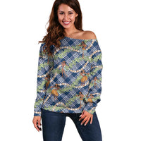 Navy Blue Palaka Hula Girls Seamless Hawaii Aloha Off Shoulder Sweater - Polynesian Pride