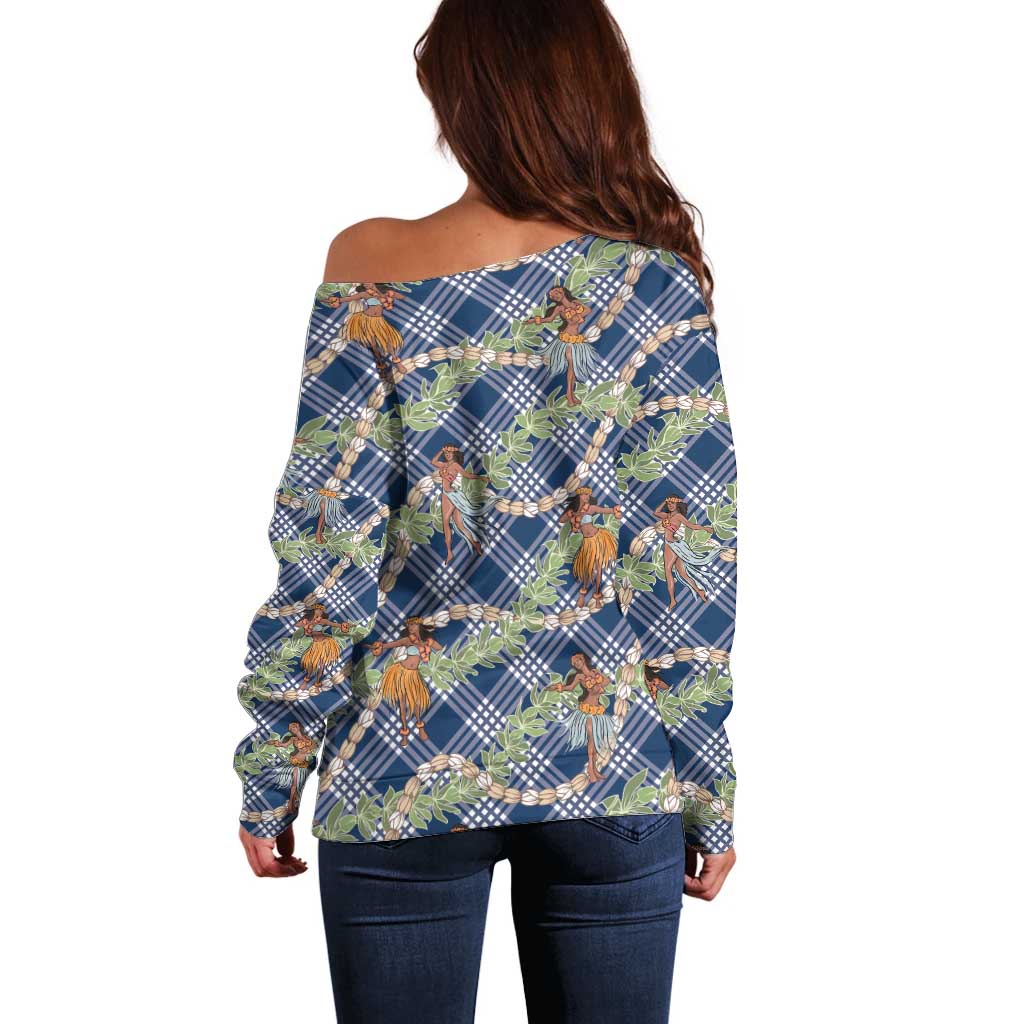 Navy Blue Palaka Hula Girls Seamless Hawaii Aloha Off Shoulder Sweater - Polynesian Pride