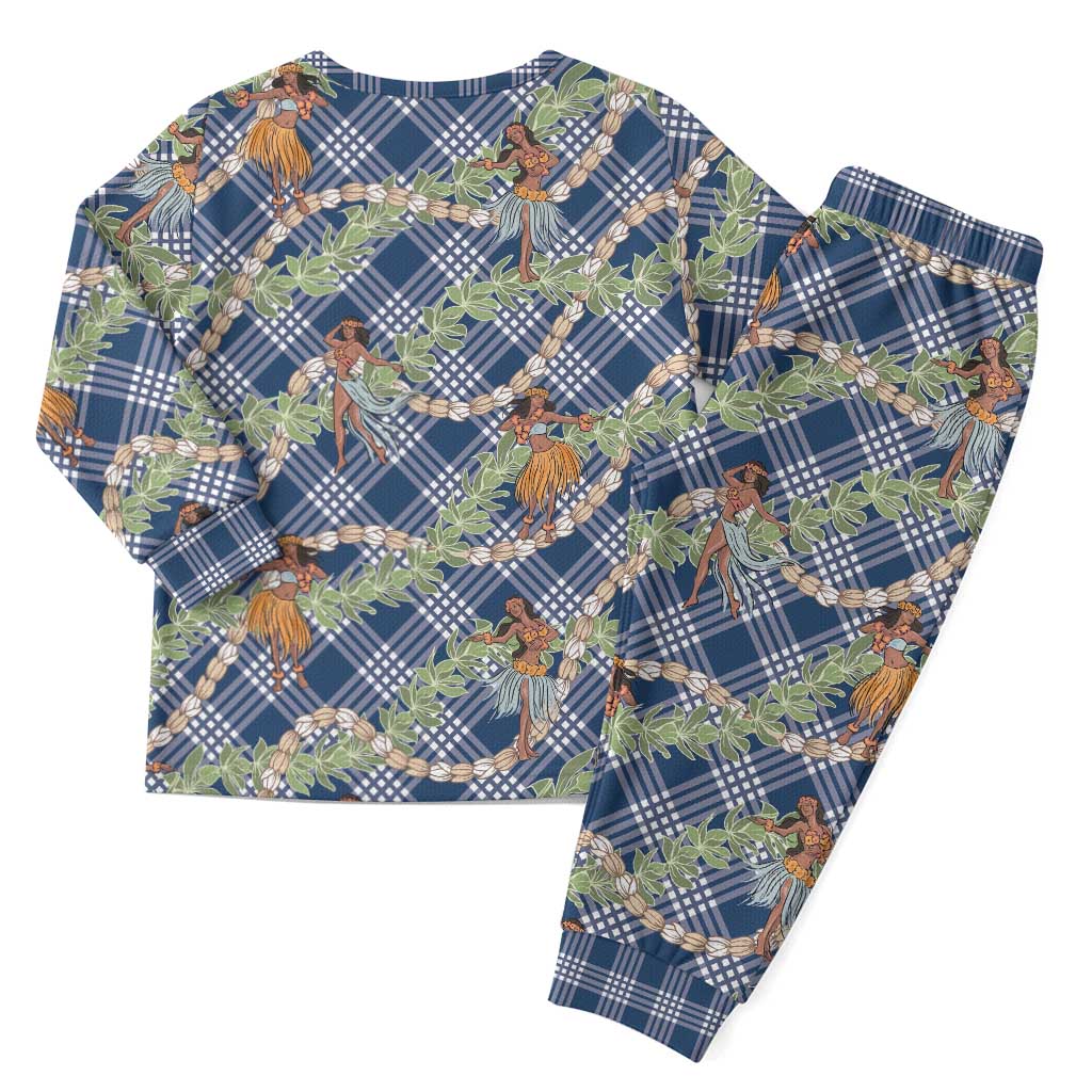 Navy Blue Palaka Hula Girls Seamless Hawaii Aloha Christmas Pajama Set - Polynesian Pride