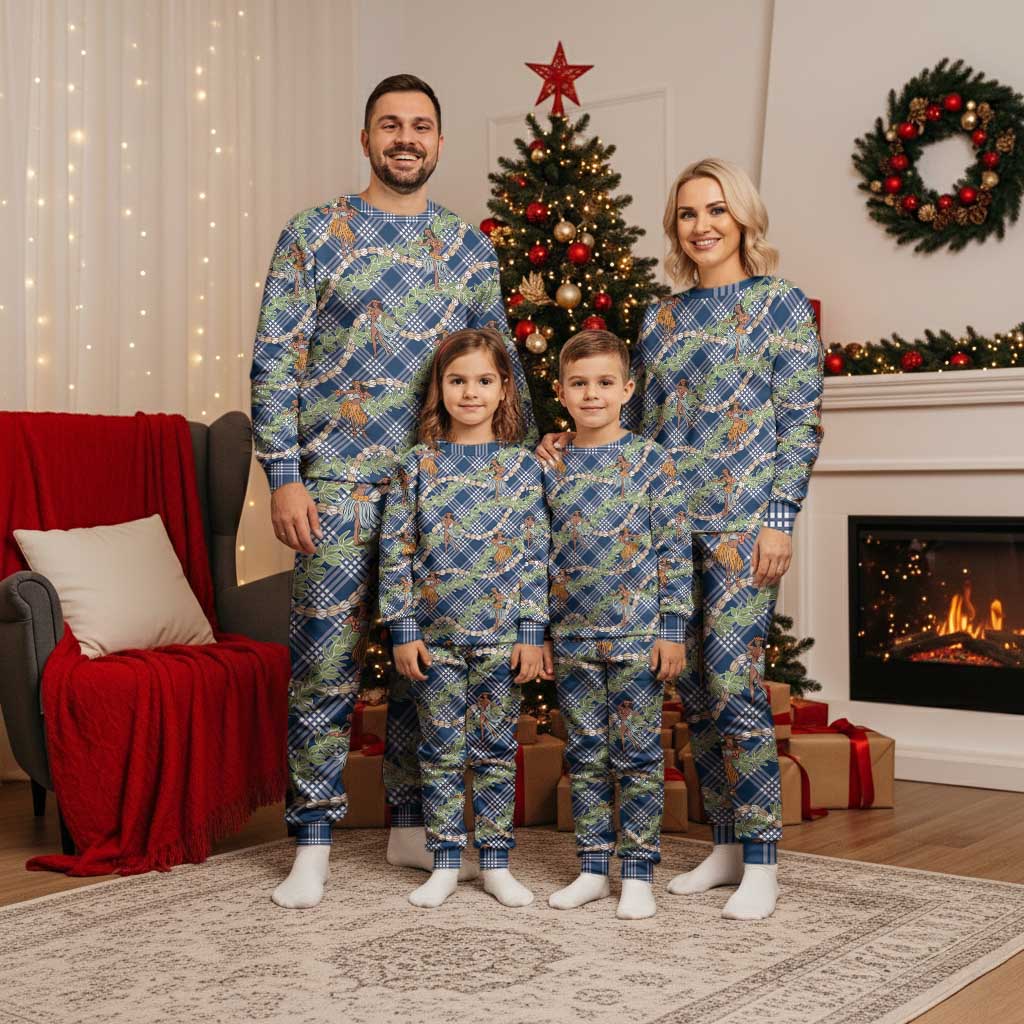 Navy Blue Palaka Hula Girls Seamless Hawaii Aloha Christmas Pajama Set - Polynesian Pride