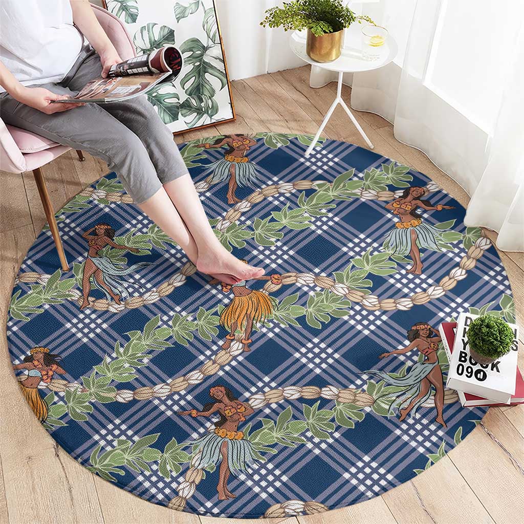 Navy Blue Palaka Hula Girls Seamless Hawaii Aloha Round Carpet - Polynesian Pride