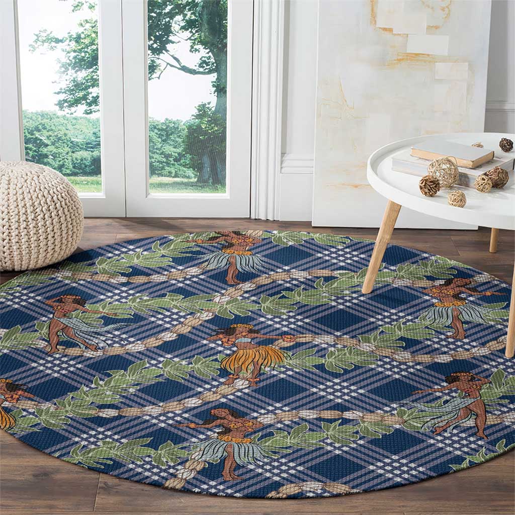 Navy Blue Palaka Hula Girls Seamless Hawaii Aloha Round Carpet - Polynesian Pride