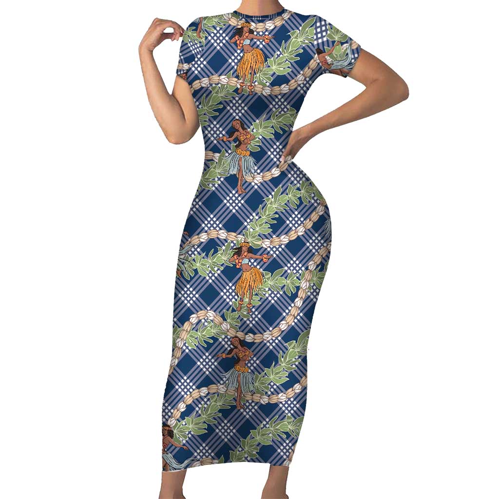 Navy Blue Palaka Hula Girls Seamless Hawaii Aloha Short Sleeve Bodycon Dress - Polynesian Pride