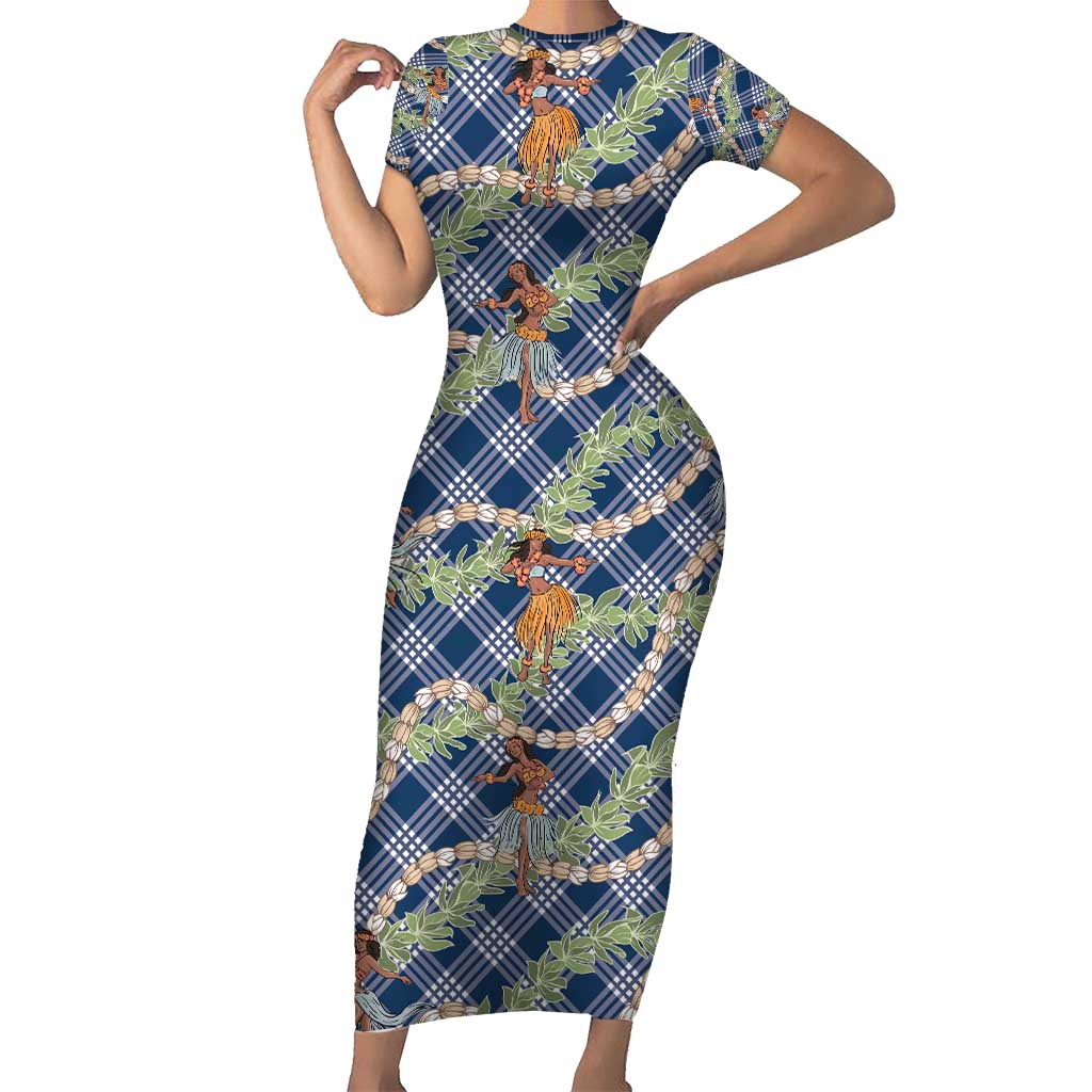 Navy Blue Palaka Hula Girls Seamless Hawaii Aloha Short Sleeve Bodycon Dress - Polynesian Pride