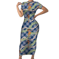 Navy Blue Palaka Hula Girls Seamless Hawaii Aloha Short Sleeve Bodycon Dress - Polynesian Pride