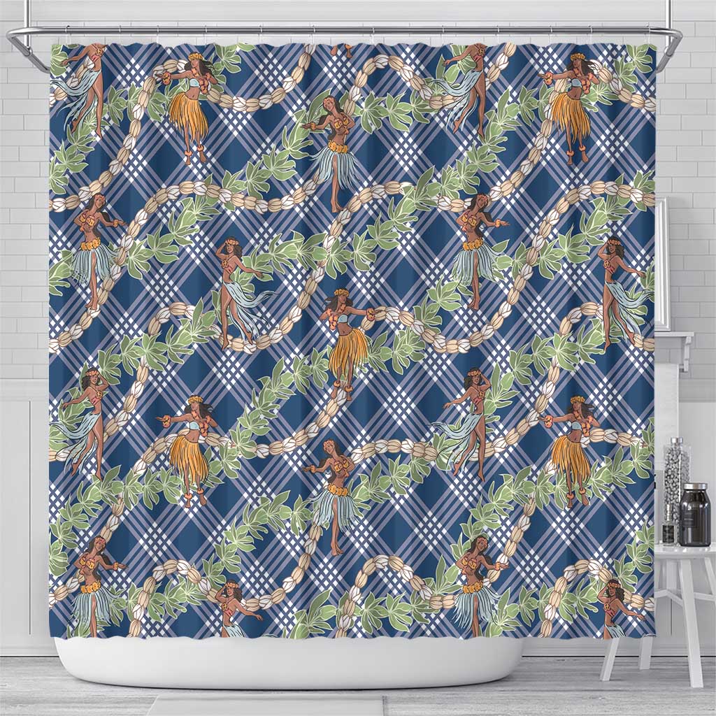 Navy Blue Palaka Hula Girls Seamless Hawaii Aloha Shower Curtain - Polynesian Pride