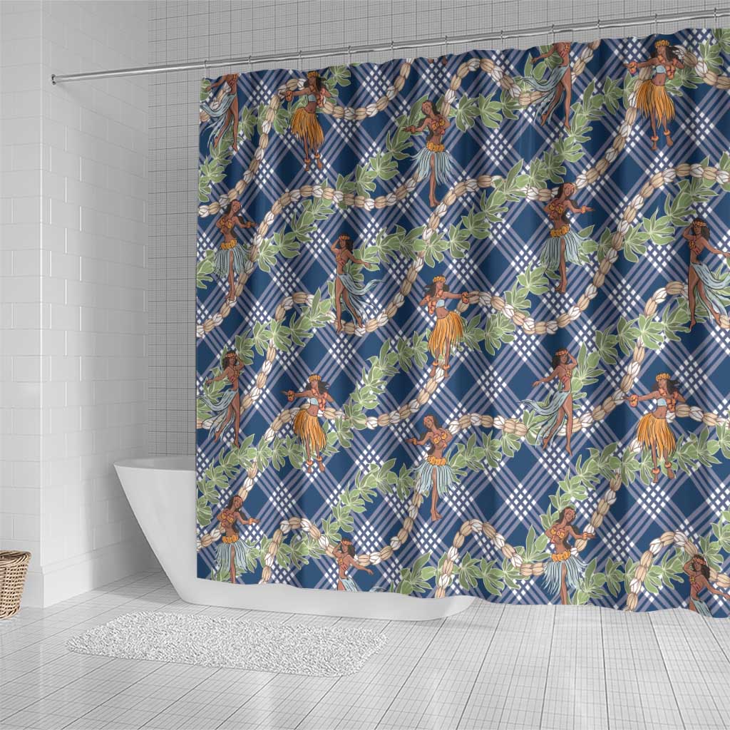 Navy Blue Palaka Hula Girls Seamless Hawaii Aloha Shower Curtain - Polynesian Pride