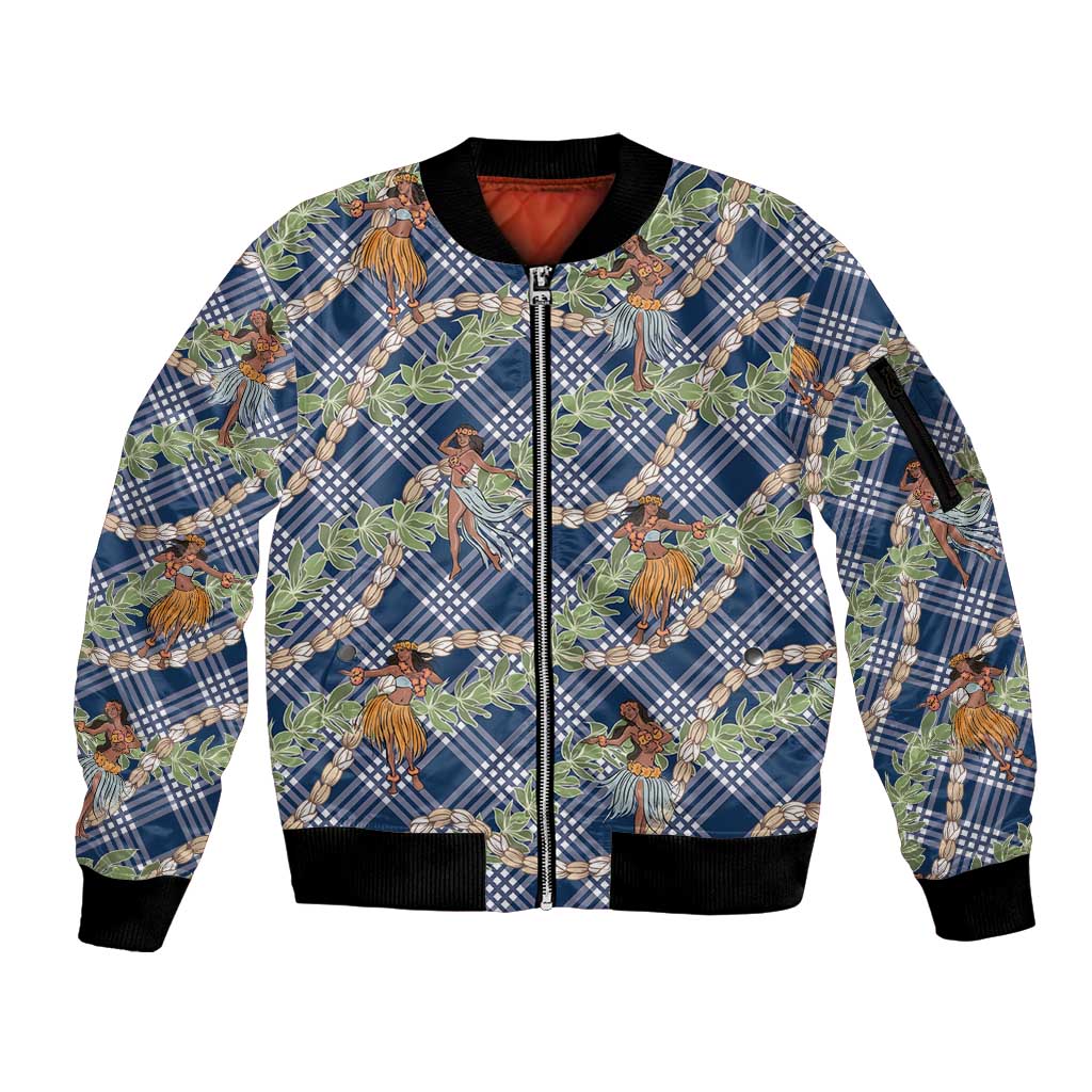 Navy Blue Palaka Hula Girls Seamless Hawaii Aloha Sleeve Zip Bomber Jacket - Polynesian Pride