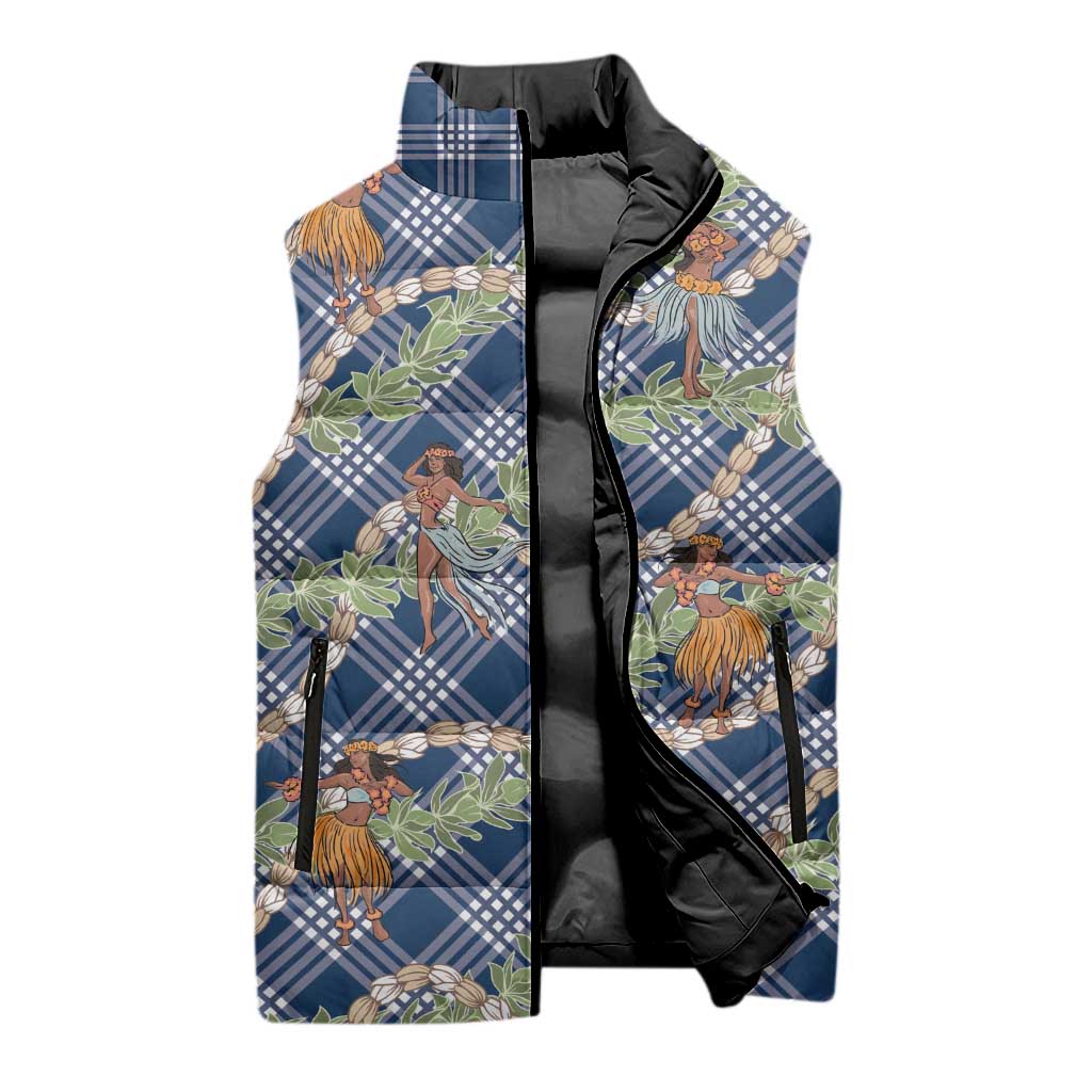 Navy Blue Palaka Hula Girls Seamless Hawaii Aloha Sleeveless Puffer Jacket - Polynesian Pride