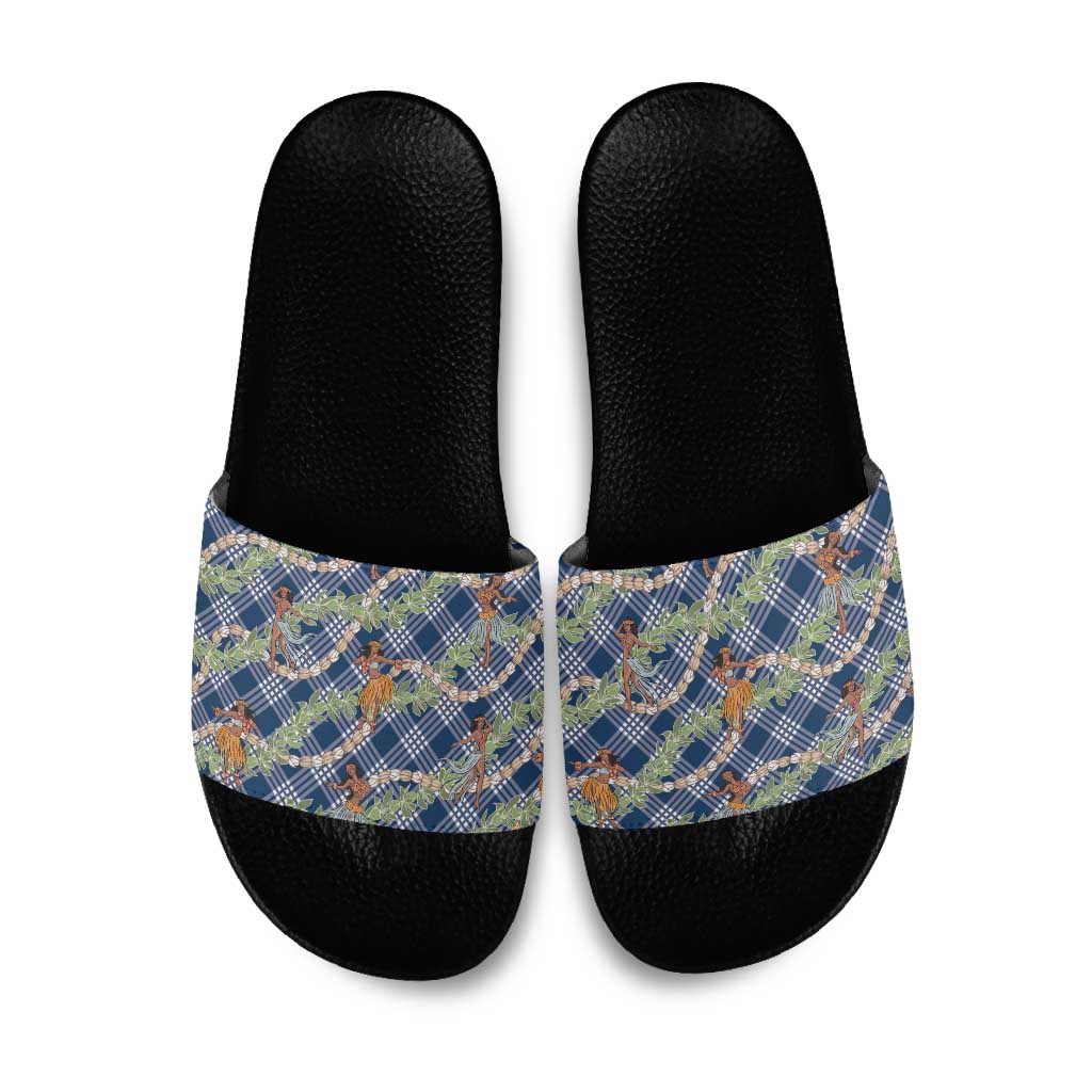 Navy Blue Palaka Hula Girls Seamless Hawaii Aloha Slide Sandals - Polynesian Pride